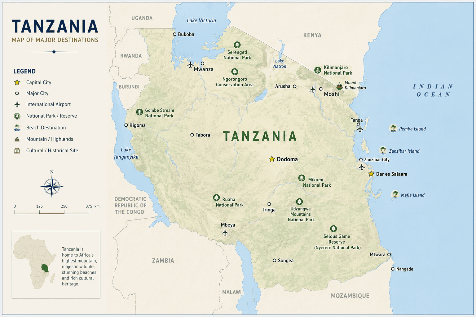 Tansania destinations map